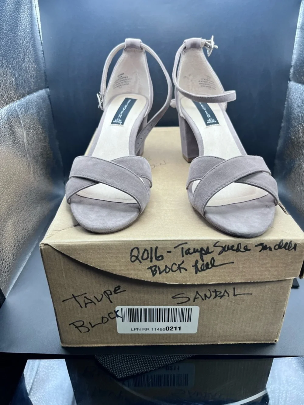 Steve Madden Taupe Suede Block Heel Sandals with Ankle Strap - Picture 1 of 6